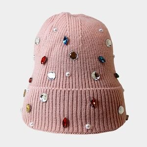 Pink Pearl Crystal Style Winter Beanie Hat Fleece Statement Fashion Accessory